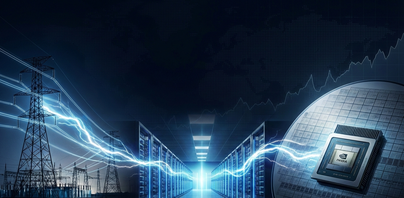 Bright energy streams visualizing electricity flowing from power grid into AI servers. Subtle rising stock market line graph faintly embedded in the background. Light global map grid overlay very subtle.