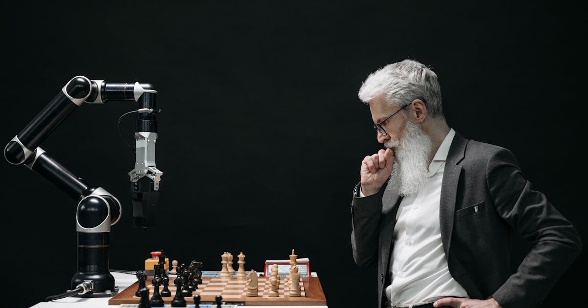 AI agent enterprise ROI - robot arm playing chess with businessman representing strategic AI deployment