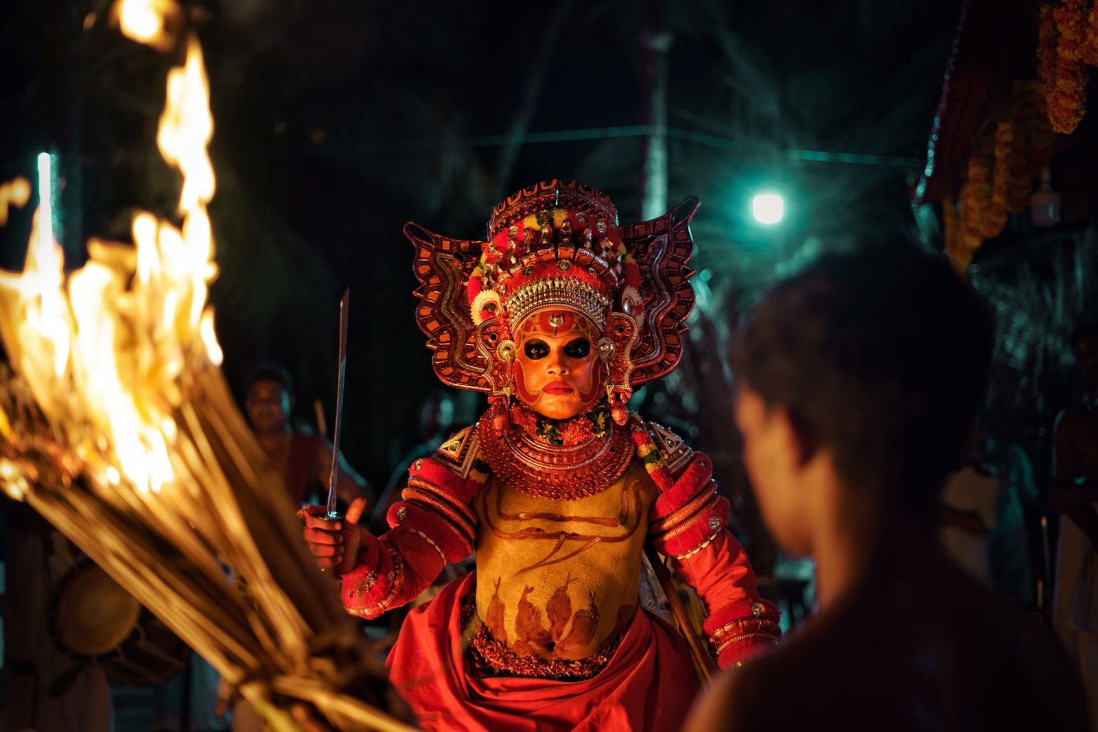 ancient shaman ritual mask fire ceremony dark...