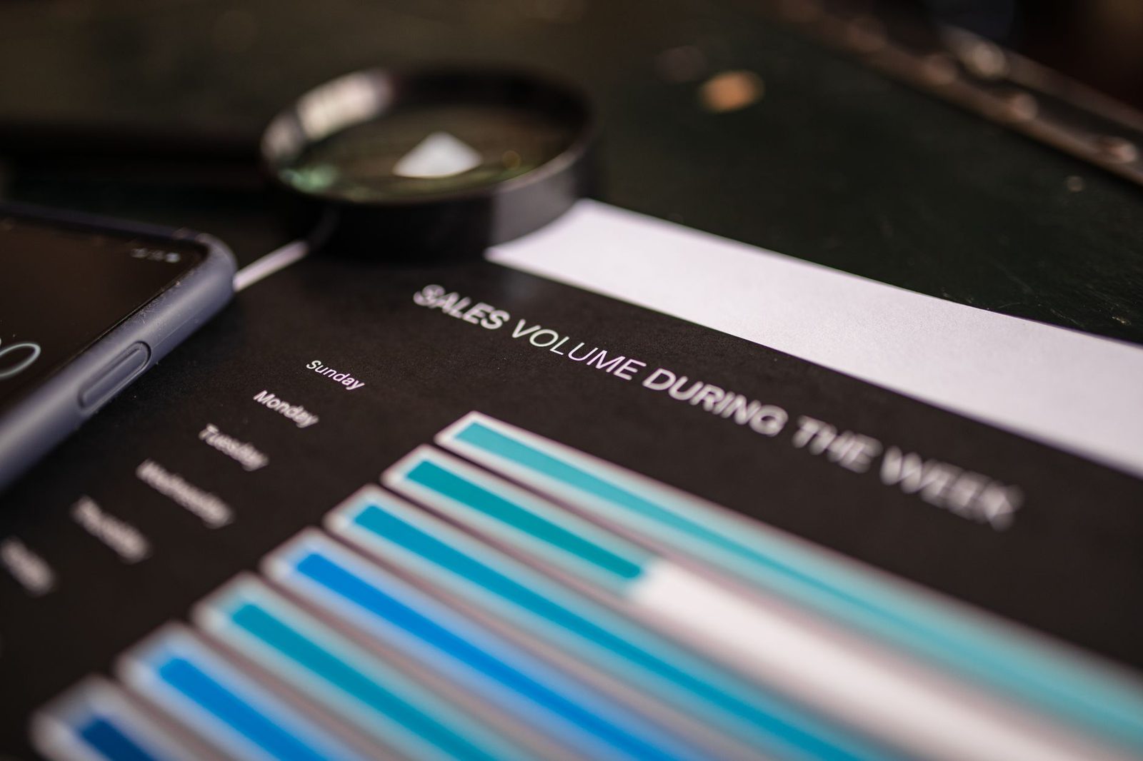 magnifying glass over printed financial data charts and...